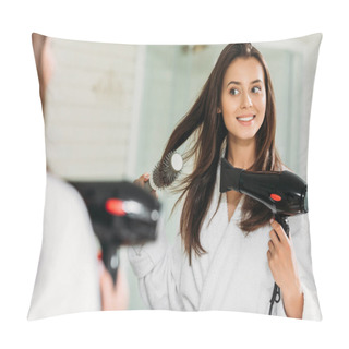 Personality  Happy Young Woman Drying Hair At Mirror In Bathroom  Pillow Covers