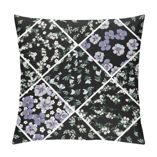 Personality  Seamless Colorful Pattern With Leaves And Bellflowers, Violet Leaves, Violaceous Flowers And Small White Simple Flowers On A Black Background In Patchwork Style, Textile Print Pillow Covers
