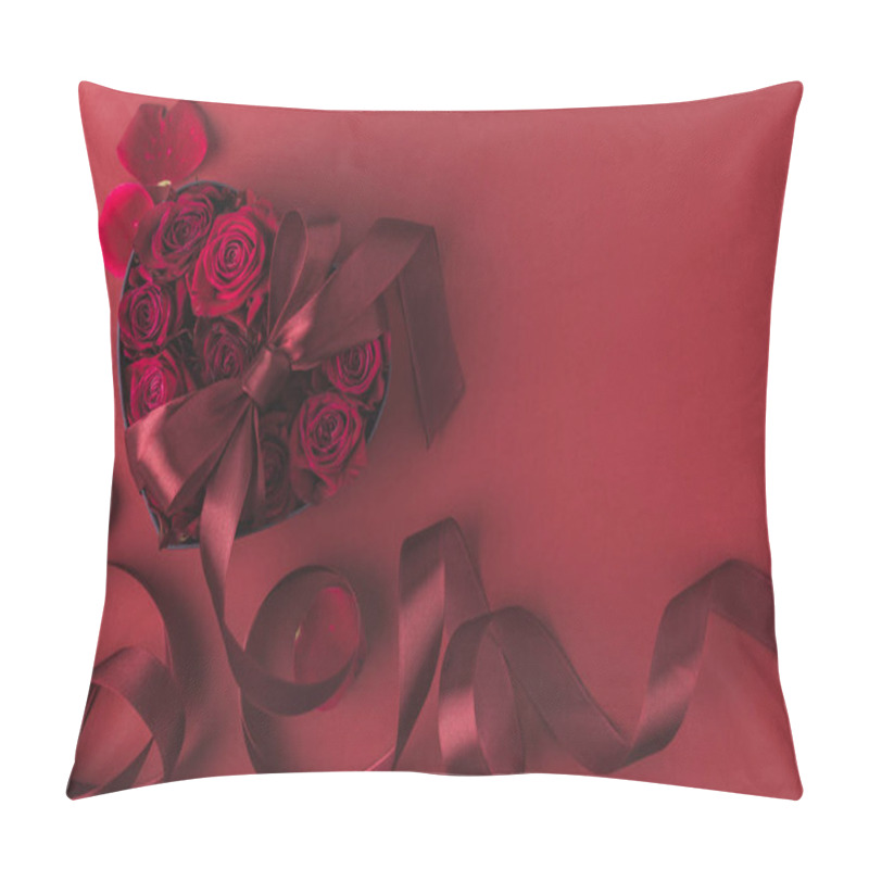 Personality  Top View Of Roses In Heart Shaped Gift Box With Ribbon And Petals Isolated On Red, St Valentines Day Holiday Concept Pillow Covers