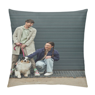 Personality  Cheerful Gay Man With Pigtails Cuddling Australian Shepherd Dog Next To Smiling Boyfriend In Coat Holding Leash Near Garage Door Outside On Street Pillow Covers