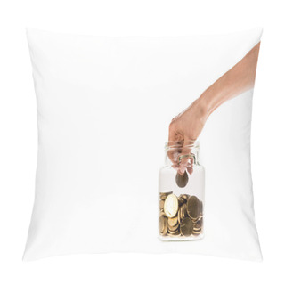 Personality  Cropped View Of Woman Putting Golden Coin In Glass Jar Isolated On White  Pillow Covers