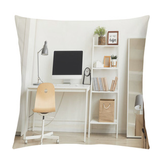 Personality  Clean Background Image Of Minimalistic Apartment Interior With Focus On Computer Desk Against White Wall, Copy Space Pillow Covers