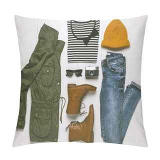 Personality  Overhead Of Essentials Hipster Woman. Pillow Covers