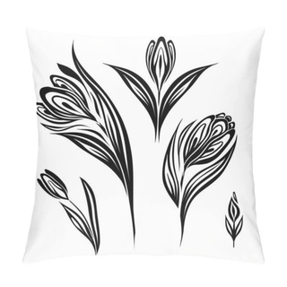 Personality  Vector Set Of Monochrome Spring Flowers. Decorative Tracery Silhouette Illustration Of Crocuses Isolated From Background. Floral Clipart For Stickers, Cards. Pillow Covers