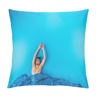 Personality  Happy Young Man In Swimming Mask Raising Hands From Imagine Waves On Blue Pillow Covers