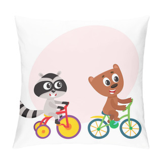 Personality  Cute Little Raccoon And Bear Characters Riding Bicycles Together Pillow Covers