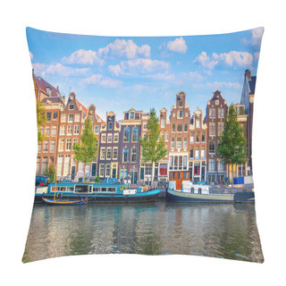 Personality  Amsterdam. Panoramic View Of The Historic City Center Of Amsterdam. Traditional Houses And Bridges Of Amsterdam. An Early Quiet Morning And The Serene Reflection Of Houses In The Water. A European Journey To A Historic Town. Europe, Netherlands, Holl Pillow Covers