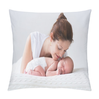 Personality  Young Mother And Newborn Baby In White Bedroom Pillow Covers