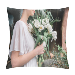 Personality  Cropped View Of Bride Posing In White Dress With Wedding Bouquet Pillow Covers