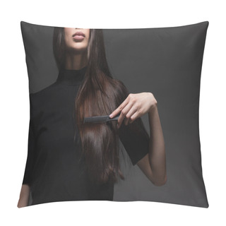 Personality  Cropped View Of Young Woman Brushing Long Shiny Hair With Comb Isolated On Dark Grey Pillow Covers