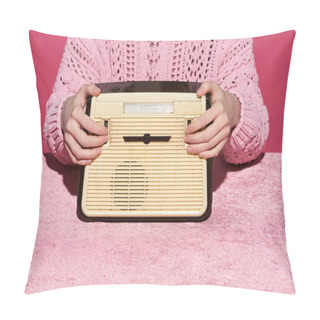 Personality  Cropped View Of Woman Holding Vintage Radio On Velour Cloth Isolated On Pink, Girlish Concept  Pillow Covers