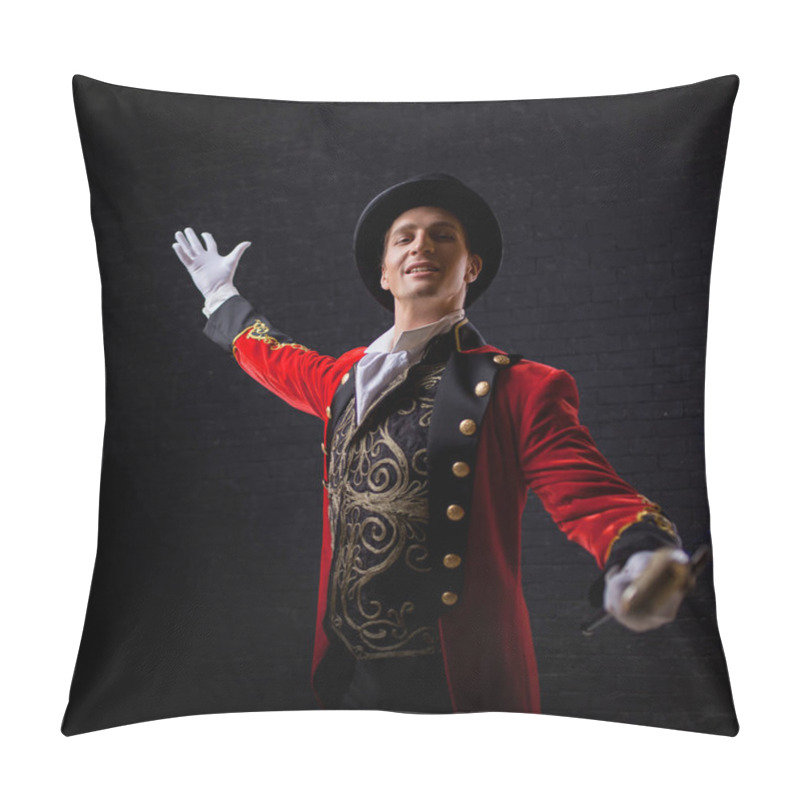 Personality  Showman. Young male entertainer, presenter or actor on stage. The guy in the red camisole and the cylinder. pillow covers