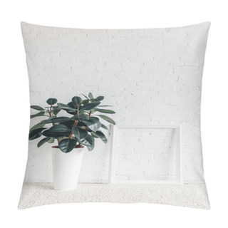 Personality  Ficus Plant With Empty Frame In Front Of White Brick Wall, Mockup Concept Pillow Covers