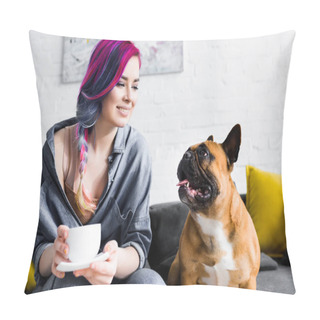 Personality  Attractive Girl With Colorful Hair Holding Cup Of Coffee And Sitting On Sofa Near French Bulldog Pillow Covers