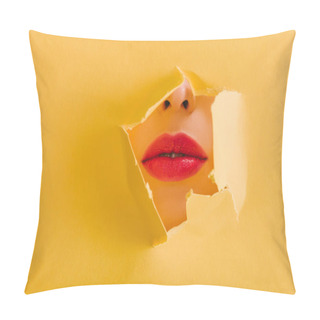 Personality  Cropped View Of Beautiful Woman With Crimson Lips In Yellow Paper Torn Hole Pillow Covers
