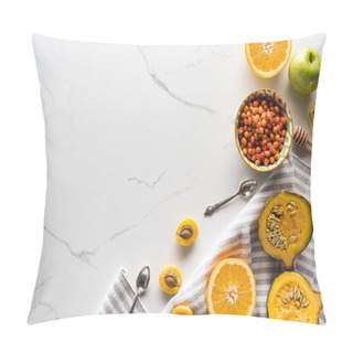Personality  Top View Of Striped Towel With Pumpkin, Apricots, Apple And Orange Near Bowl With Sea Buckthorn On Marble Surface Pillow Covers