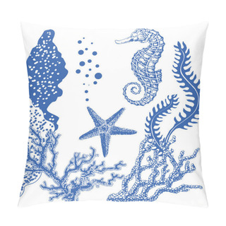Personality Graphic Coral Reef With Sea Horse, Sea Star, Starfish, Seaweed, Corals, Under Sea Theme, Set Of Elements For Marine Design, Sea Collection, Hand Drawn Illustration On White Pillow Covers