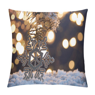 Personality  Decorative Snowflake With Spruce Branches In Snow With Christmas Lights Bokeh  Pillow Covers