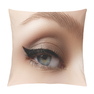 Personality  Cosmetics & Make-up. Beautiful Female Eye With Sexy Black Liner Makeup. Fashion Big Arrow Shape On Woman's Eyelid. Chic Evening Make-up Pillow Covers