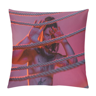 Personality  Sexy Tattooed Model Posing Near Ropes On Purple Background Red With Light  Pillow Covers