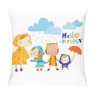 Personality  Illustration Of Kids Wearing Colorful Raincoats And Boots Pillow Covers