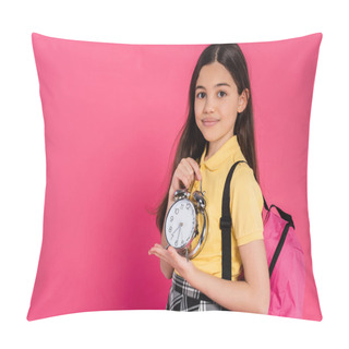 Personality  Happy Brunette Schoolgirl Standing With Backpack And Holding Vintage Alarm Clock Isolated On Pink Pillow Covers