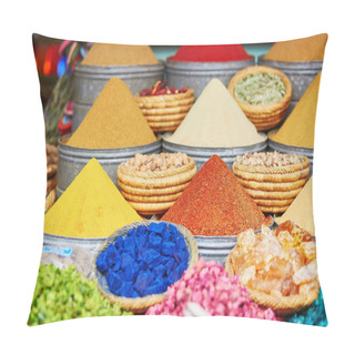 Personality  Selection Of Spices On A Traditional Moroccan Market In Marrakech, Morocco Pillow Covers