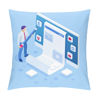 Personality  Man And Laptop With Fashion Blogger Site. Isometric Freelancing, Creative Blogging, Commercial Blog Posting, Copywriting, Content Marketing Strategy. Pillow Covers