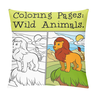Personality  Coloring Pages: Wild Animals. Cute Beautiful Lion Stands On The  Pillow Covers