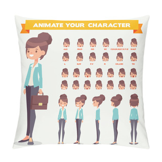 Personality  Front, Side, Back, 3/4 View Animated Character. Woman Character Constructor With Various Views, Face Emotions, Lip Sync, Poses And Gestures. Cartoon Style, Flat Vector Illustration. Pillow Covers