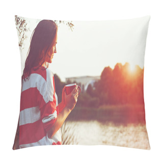 Personality  Pretty Girl With Morning Coffee At River Sunrise Pillow Covers