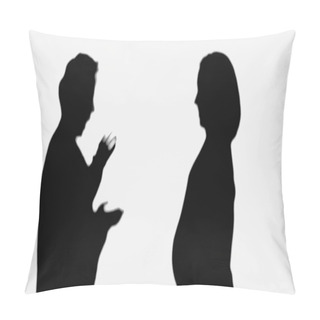 Personality  Silhouette Of Pregnant Woman Near Surprised Friend Showing Wow Gesture Isolated On White Pillow Covers
