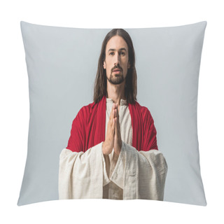 Personality  Bearded Man Standing With Praying Hands Isolated On Grey  Pillow Covers