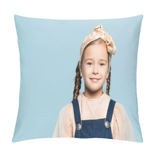 Personality  Cheerful Kid In Headband With Bow Looking At Camera Isolated On Blue Pillow Covers