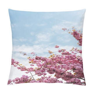 Personality  Blooming Pink Flowers On Branches Of Cherry Tree Against Sky With Clouds Pillow Covers