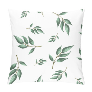 Personality  Seamless Pattern With Green Leaves, Vector Illustration In Vintage Watercolor Style. Vector Fresh Beauty Rustic Eco Friendly Background On White. Background Of Eucalyptus Palm Fern Different Tree, Foliage Natural Branches, Green Leaves, Herbs, Tropic Pillow Covers