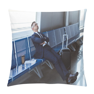 Personality  Exhausted Businessman In Glasses Sitting Near Window At Departure Lounge  Pillow Covers