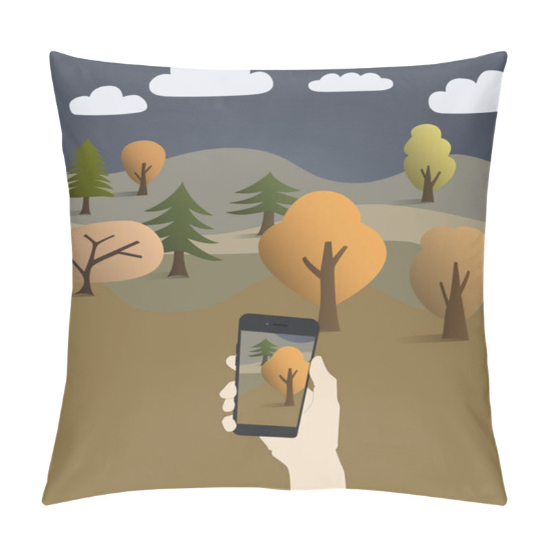 Personality  vector of cartoon man taking photo of forest on smartphone pillow covers