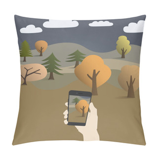 Personality  Vector Of Cartoon Man Taking Photo Of Forest On Smartphone Pillow Covers