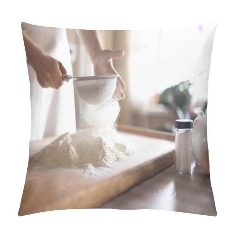 Personality  Young Woman Sifting Flour Into Bowl At The Kitchen Pillow Covers