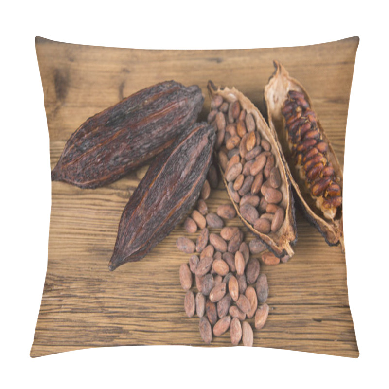 Personality  Cocoa Beans On A Wooden Background, Cocoa And Dark Bitter Chocolate, Raw Cocoa On A Brown Background Pillow Covers