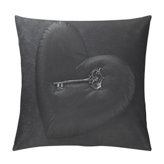 Personality  Black Pillow In The Form Of Heart With Retro Key Above. 3d Rendering. Pillow Covers