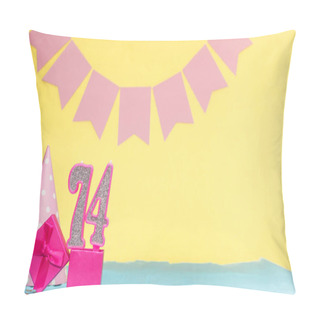 Personality  Date Of Birth For A Girl  74. Copy Space. Birthday In Pink Shades With A Yellow Background. Decorations With Numbered Candles And A Gift Box. Anniversary Card For A Woman Pillow Covers