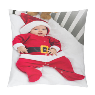 Personality  High Angle View Of Adorable Little Baby In Santa Suit Lying In Crib With Teddy Bear And Looking At Camera Pillow Covers