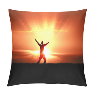 Personality  Silhouette Of Jumping Man In Field Of Grass, Bright Sun Behind Pillow Covers