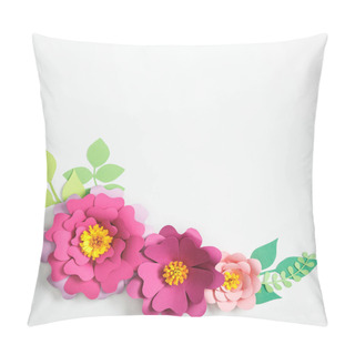 Personality  Top View Of Multicolored Paper Flowers And Leaves On Grey Background Pillow Covers