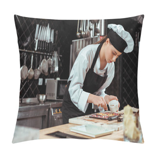 Personality  Selective Focus Of Attractive Chocolatier In Apron Looking At Dark Chocolate Bars  Pillow Covers