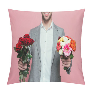 Personality  Cropped View Of Happy Man In Suit Holding Two Bouquets, Isolated On Pink Pillow Covers