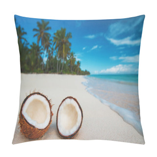 Personality  Two Halfs Of Coconut Fruits Against Sea At The Tropical Sand Beach. Punta Cana  Pillow Covers