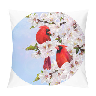 Personality  Two Red Birds On A Branch Of Cherry Blossoms In The Spring In The Circle. Round Shape. Painting. Pillow Covers